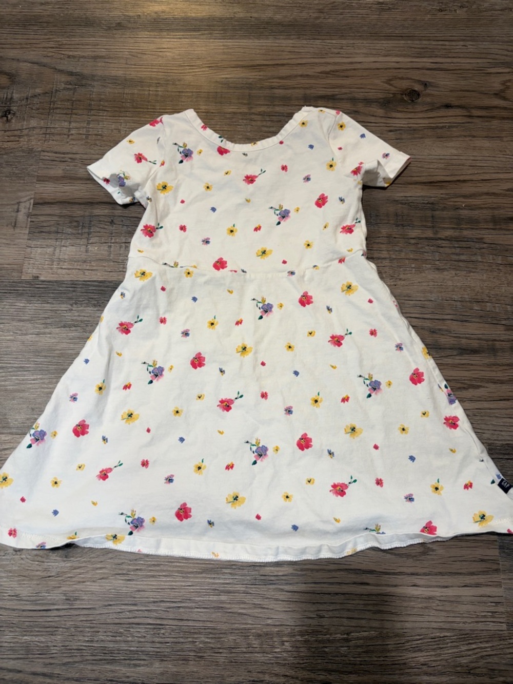 GAP White Floral Short-Sleeve Dress with Pink, Yellow & Blue Flowers